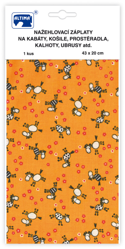 Nažehlovací záplaty s potiskem velké - koníci na oranžovém podkladu - visačka